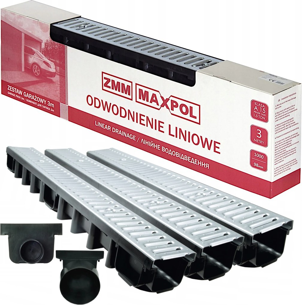 Lineáris lefolyó garázsba 3m Acélrács A15 Szett 1,5 tonnáig Max-drain