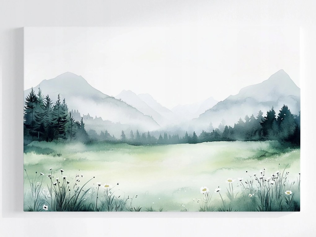 Poszter Akvarell Tájkép Hegyek Rét Virágok Tavasz Köd 60x40