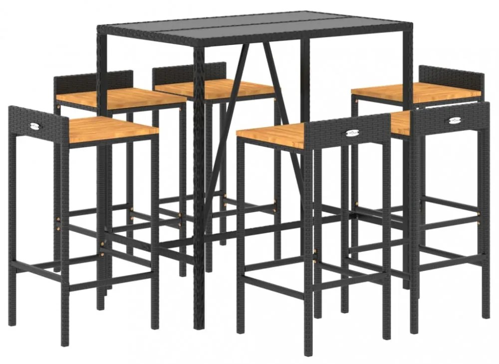 7 részes fekete polyrattan és tömör akácfa kerti bárszett