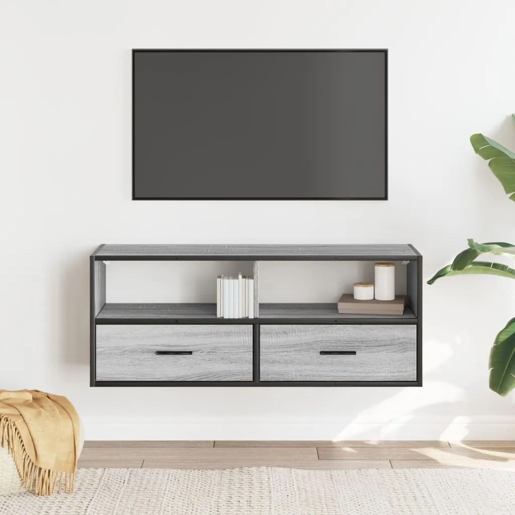 szürke sonoma színű szerelt fa és fém TV-szekrény 100x31x39,5cm