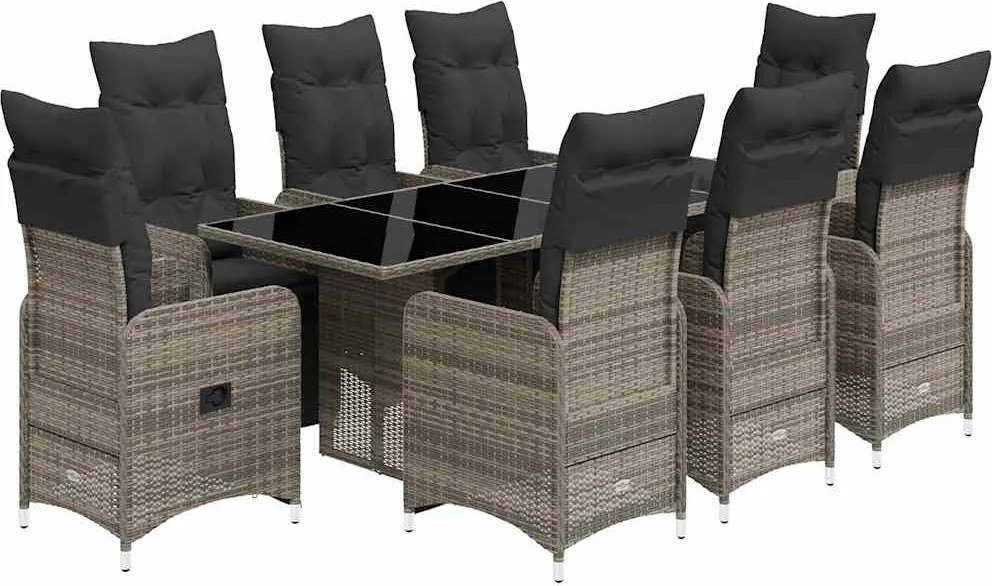 vidaXL 9 részes szürke polyrattan kerti bisztrógarnitúra párnákkal