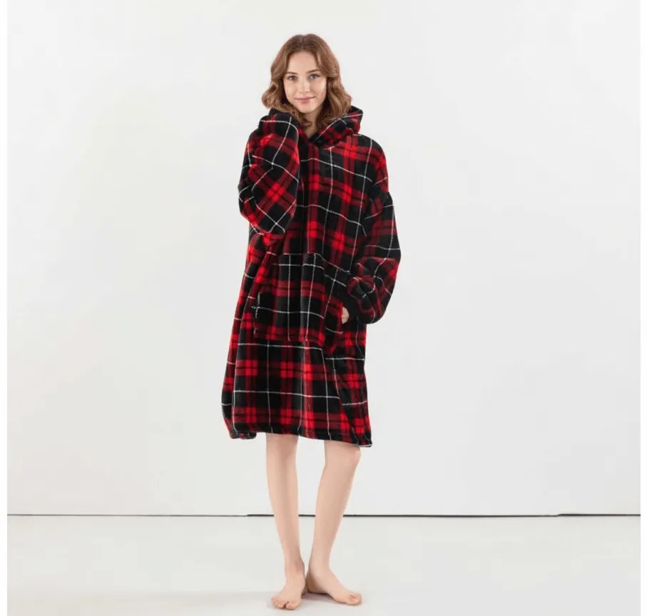 ALBURY piros báránybunda hatású kapucnis, ujjas pléd