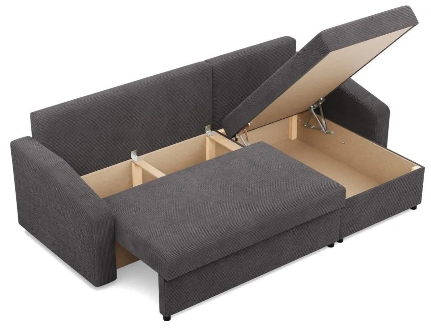 Zeus sarokkanapé, 2 ágyneműtartóval, döntött kartámasz, kordbársony, univerzális oldal, bonell töltet, szürke