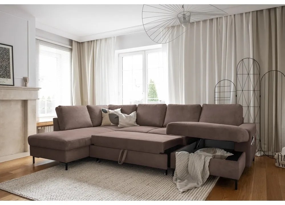 Barna kordbársony kinyitható sarokkanapé (bal oldali) Lofty Lilly – Miuform