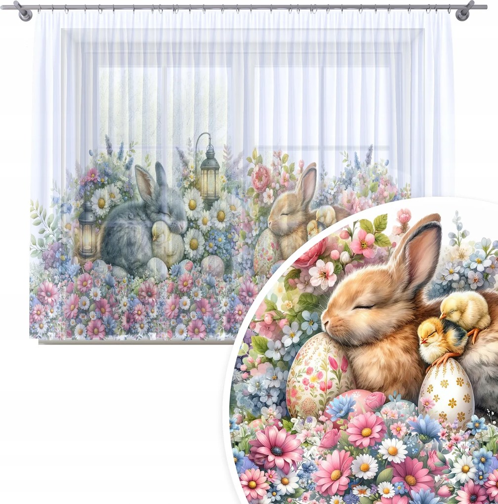 Karácsonyi Függöny Kész 300x160 CM Fátyol Szalagon Húsvéti Minta 383