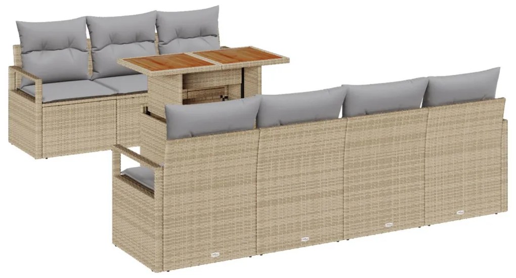 8 darabos Kert Kanapészett Párnákkal Bézs Poly Rattan Akácia, 2 személyes Kert Kanapé Párnákkal Bézs Poly Rattan