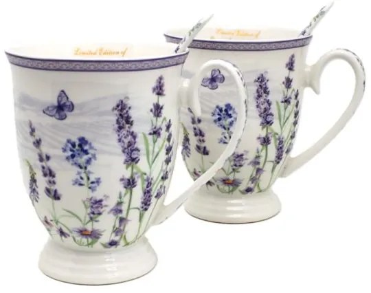 Levendulás porcelán bögre szett kanállal 300 ml - 2 darabos - szív díszdobozban