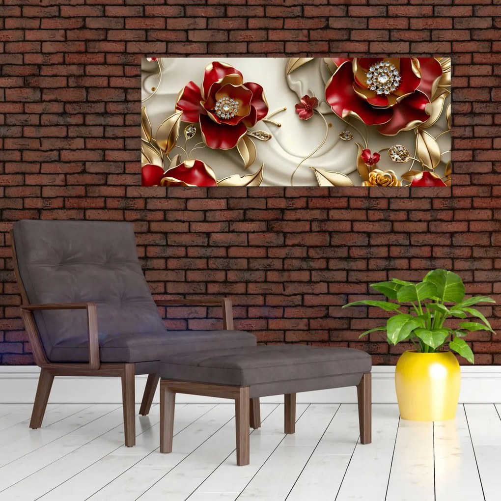Kép - 3D piros-arany virágok (120x50 cm)