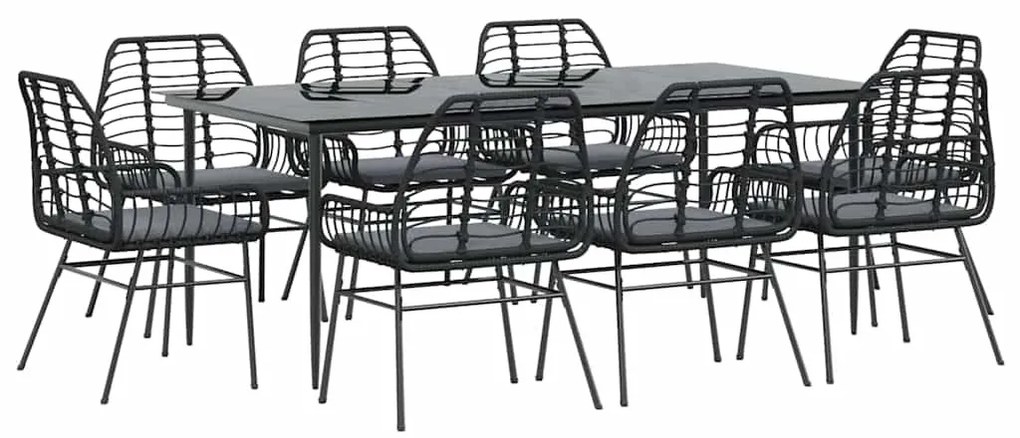 9 részes fekete polyrattan üveg kerti étkezőgarnitúra párnákkal