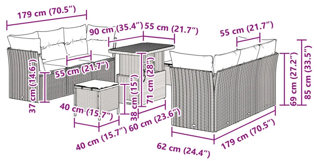 Kerti Kanapé Szett 9 pcs Szürke polirattan