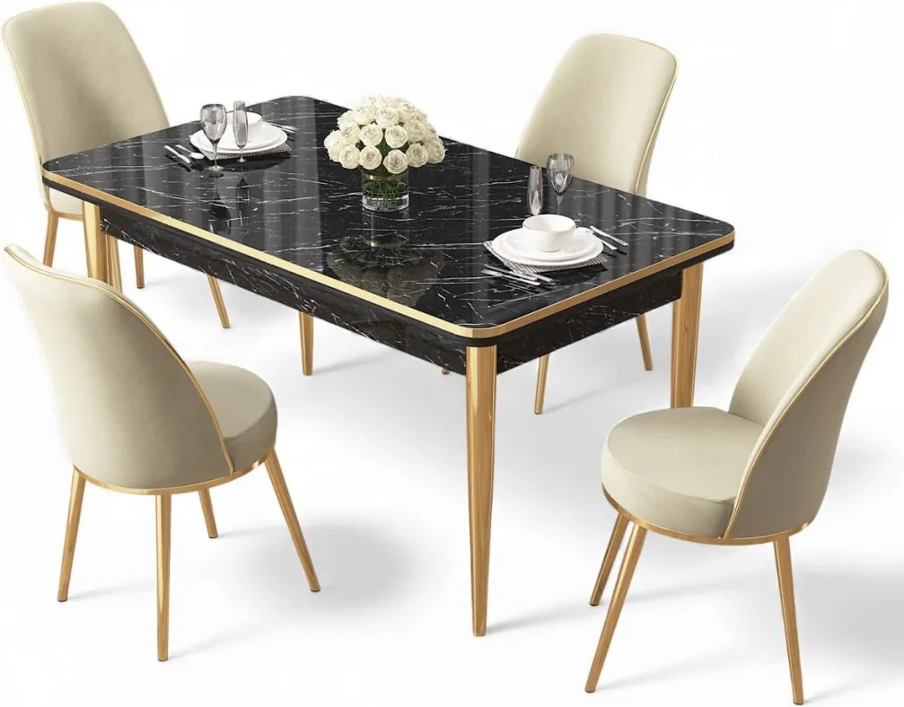Rewa étkezőgarnitúra, fekete márvány-arany, 110 cm – TR240CHR3049