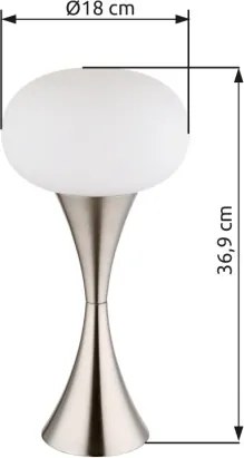 Globo 21027N Asztali lámpa, fém nikkel matt, fehér üveg, kábel PVC fekete, billenőkapcsoló a kábelen, ø: 180mm, M: 369mm, kábel hossza 1500mm, 1x E14 25W 230V izzó nélkül