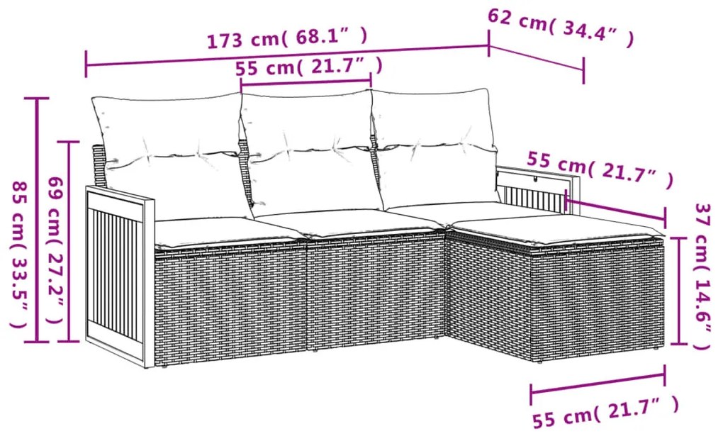 4 részes fekete polyrattan kerti ülőgarnitúra párnákkal