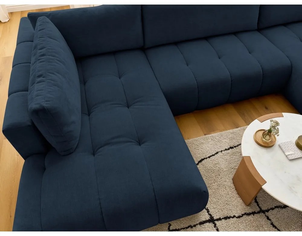 Sötétkék kinyitható-tárolóhelyes sarokkanapé (bal oldali-U alakú) Fuji – Bobochic Paris