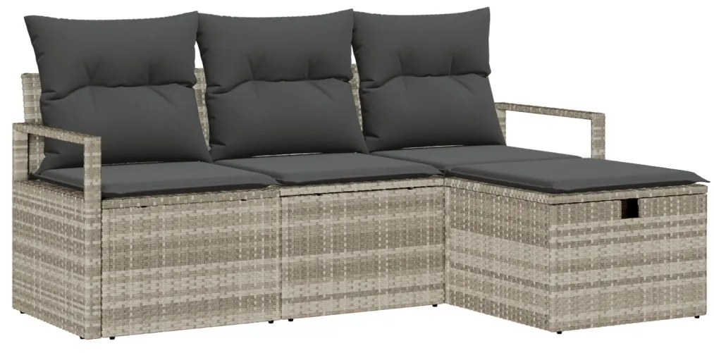 4 darabos kertkanapé szett párnákkal világosszürke poli rattan, 2 üléses kertkanapé tárolóval és párnákkal szürke poli rattan