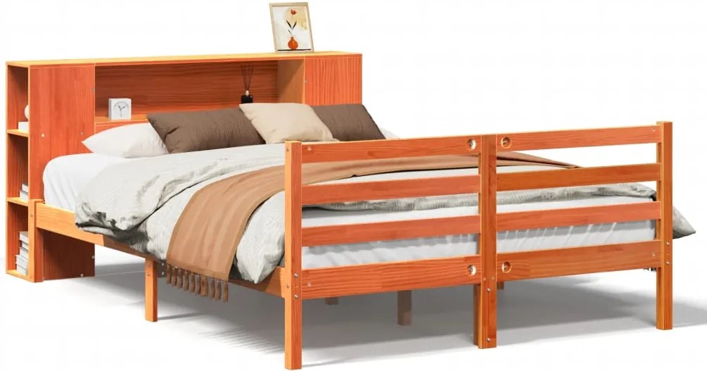 vidaXL barna tömör fenyőfa könyvespolcos ágy matrac nélkül 135 x 190cm