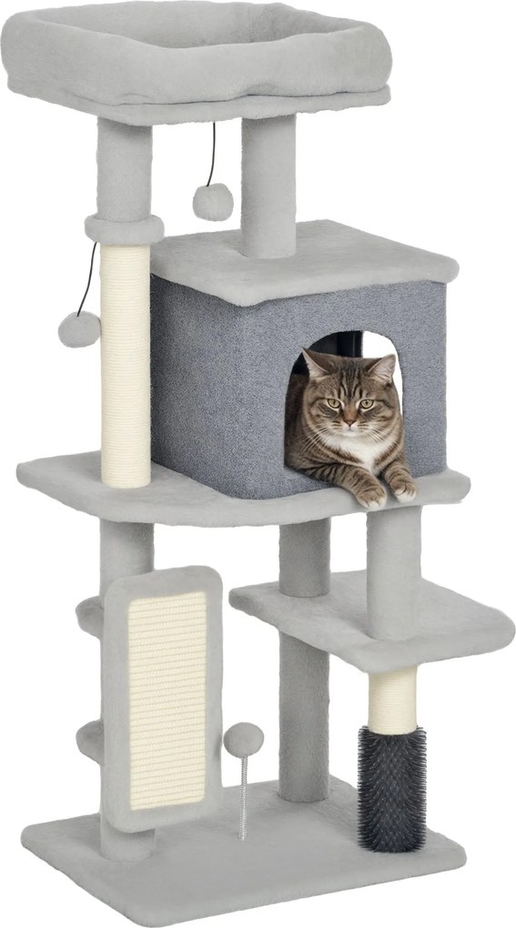 PawHut Macska Kaparófa 104 cm Magas Macska Torony Platformokkal, Kefével, Lógó Labdákkal és Kaparó Paddal - Világosszürke | Aosom