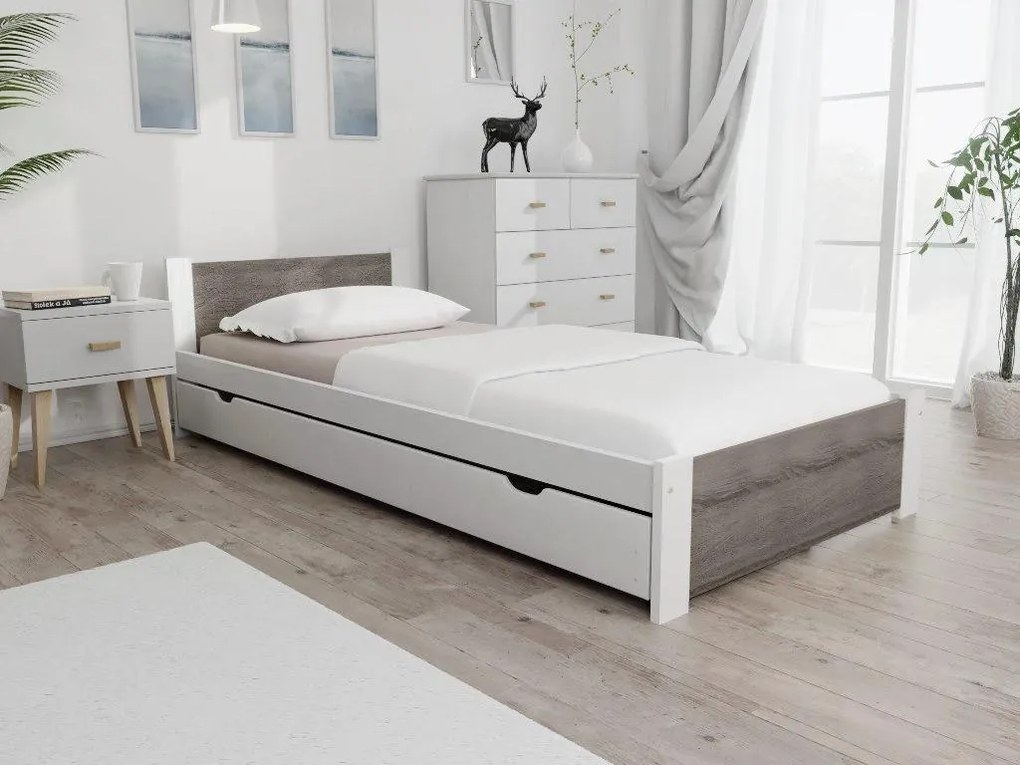 Ágy IKAROS 80 x 200 cm, fehér/szarvasgomba tölgy Ágyrács: Lamellás ágyrács, Matrac: Deluxe 10 cm matrac