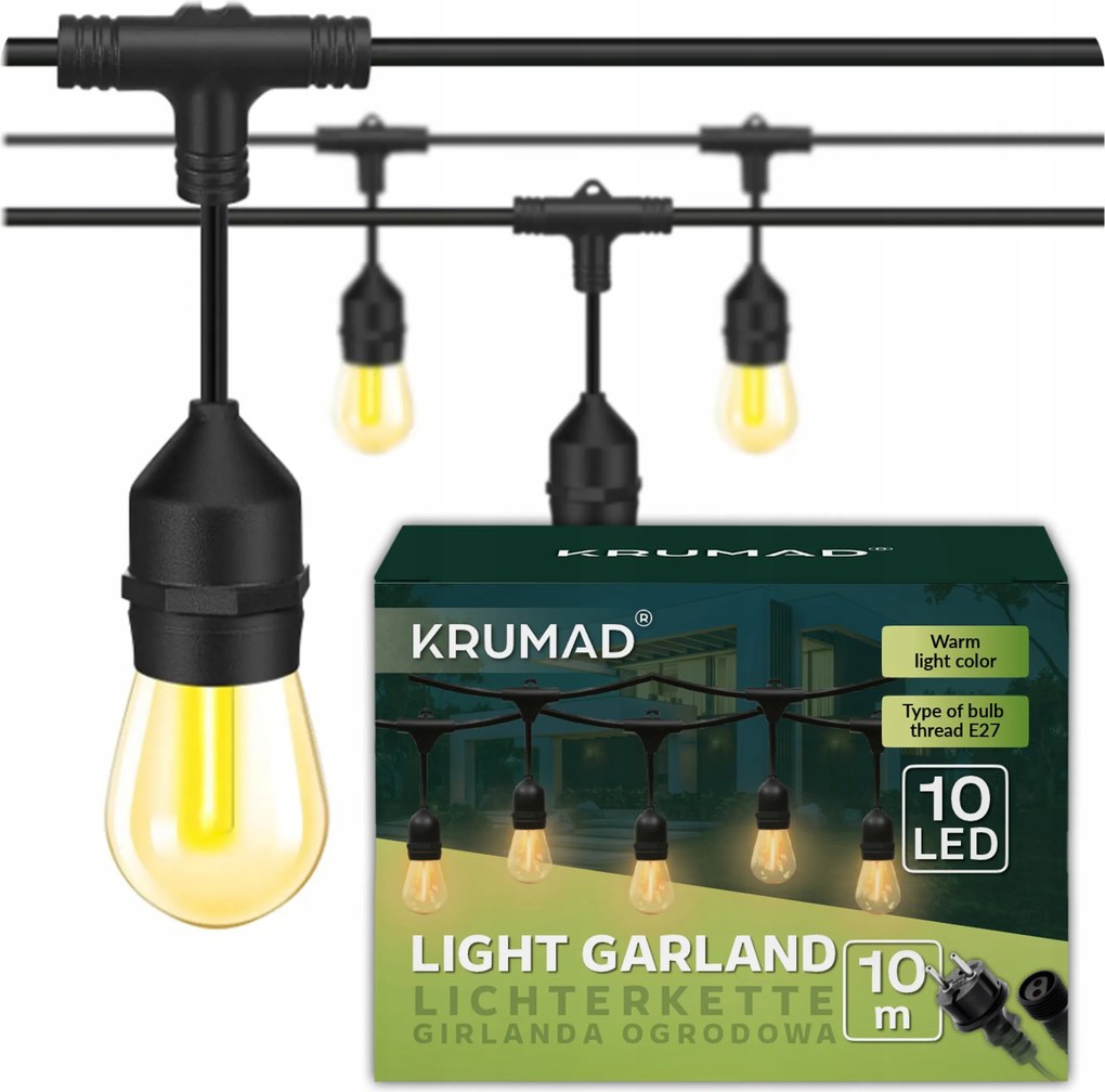 Kerti fényfüzér 10M 10X E27 Led izzó vízálló kábel