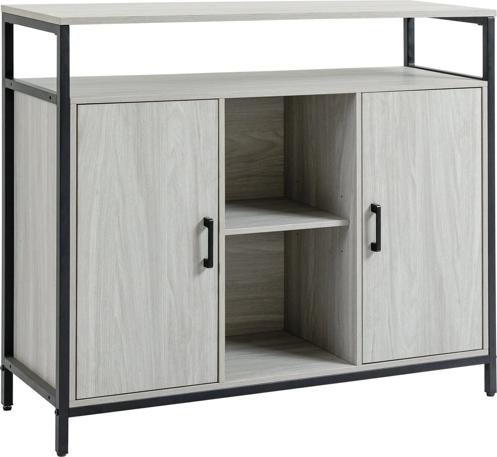 HOMCOM Modern Fa Tálalószekrény 2 Szekrénnyel és Polcokkal, Világosszürke Konyhai és Előtéri Szekrény, 100x34x87.2cm | Aosom