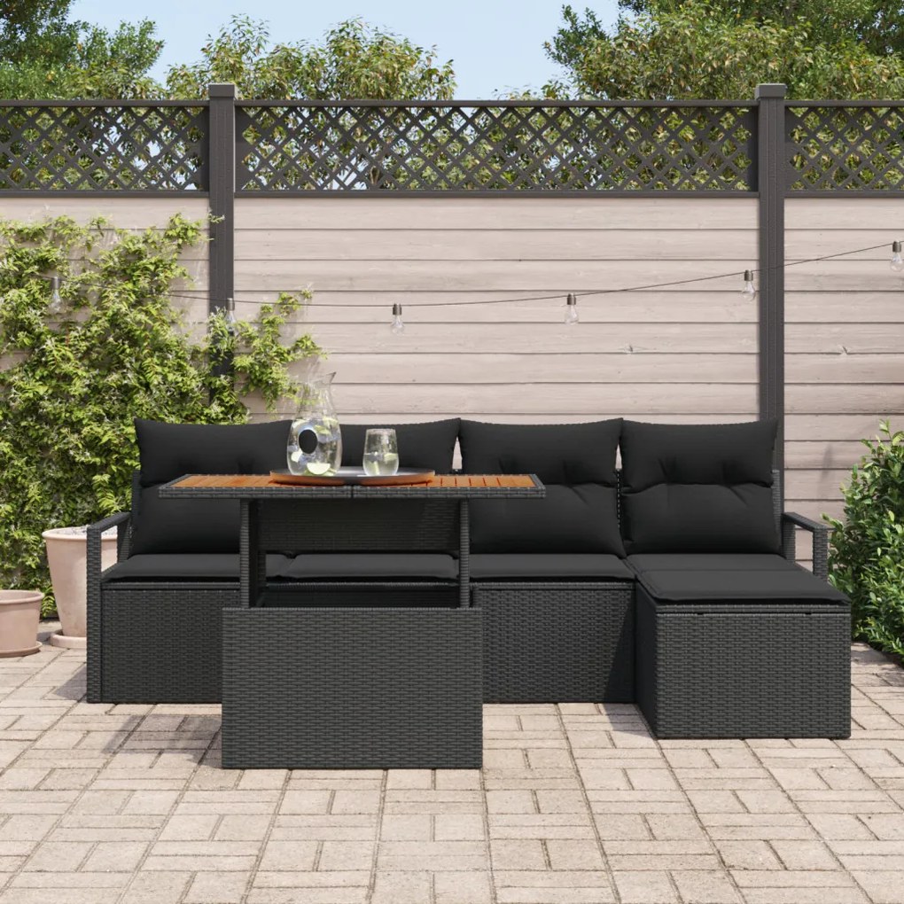 6 darabos kerti kanapé szett párnákkal fekete poly rattan