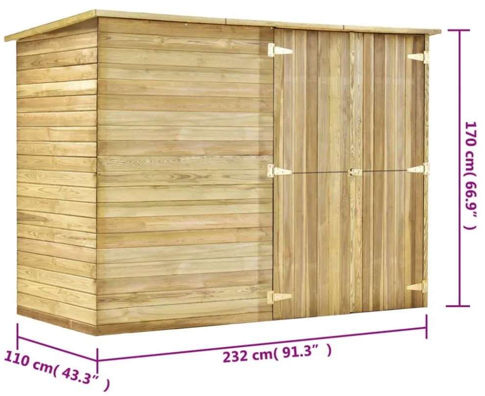 impregnált fenyőfa kerti fészerház 232 x 110 x 170 cm