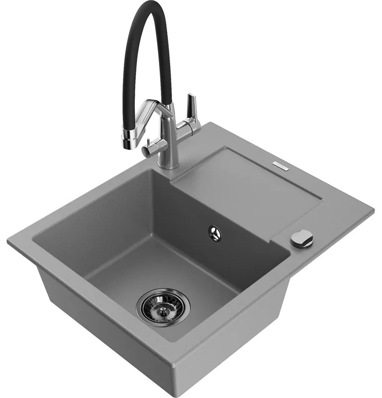 Mexen Enzo 1-medencés gránit mosogató csepegtető tálcával és Duo konyhai csapteleppel, szürke - 6506-71-671701-07-B