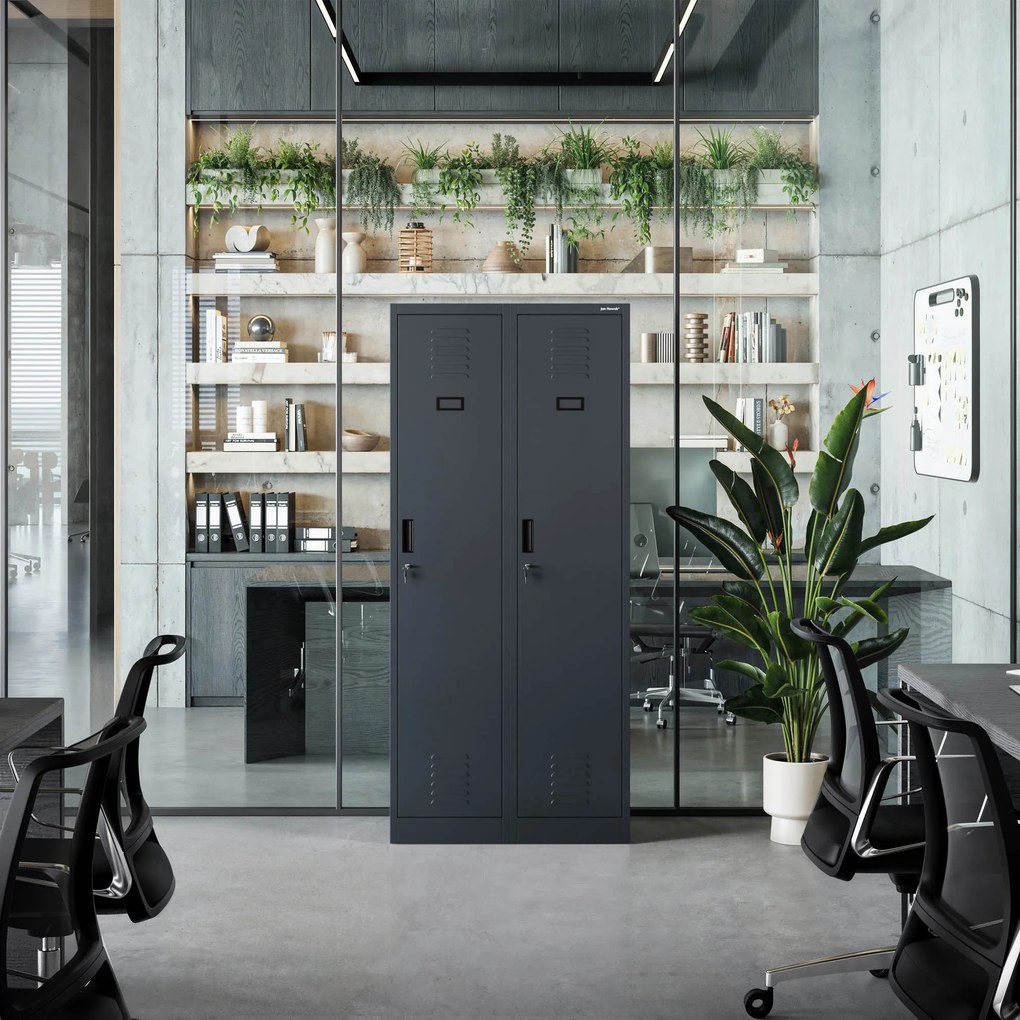 Pléh öltözőszekrény talpazaton, kétmodulos, polccal és köztes fallal KACPER, 800 x 1800 x 500 mm, antracit