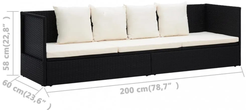 fekete polyrattan kerti ágy hát- és ülőpárnákkal