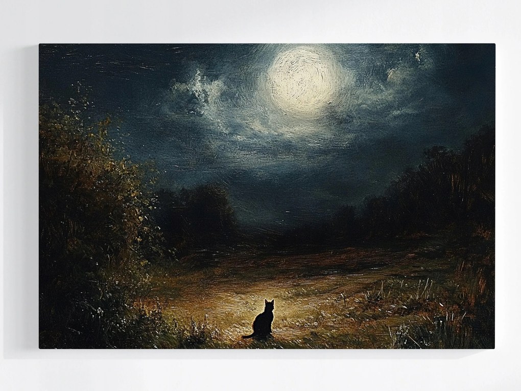Poszter Nokturn Éjszaka Telihold Rét Fekete Macska 60x40