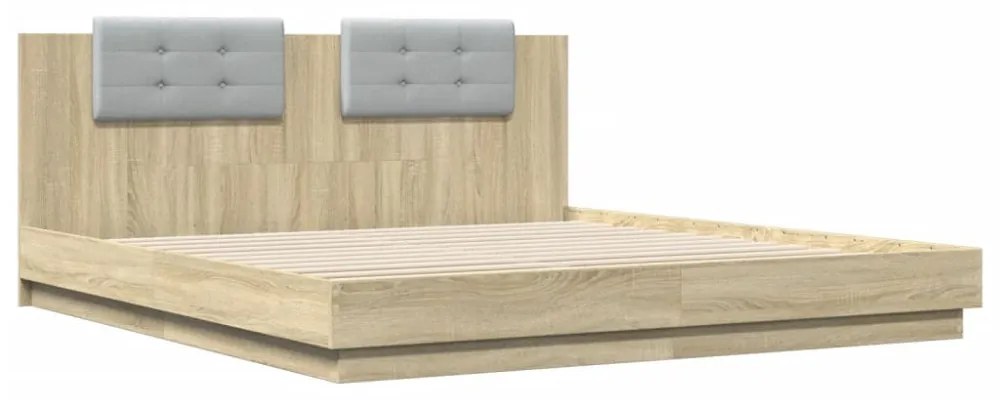 sonoma tölgy színű ágykeret fejtámlával és LED-ekkel 200x200 cm