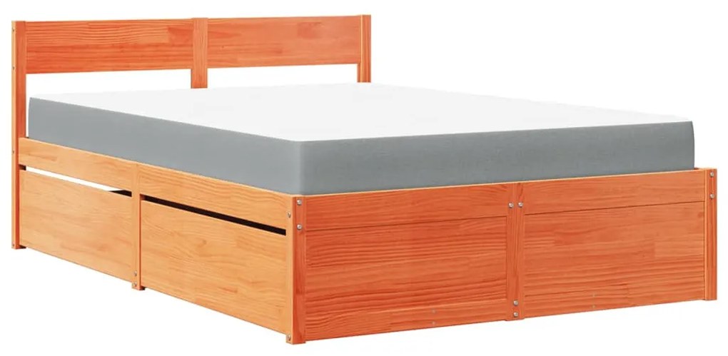 viaszbarna tömör fenyőfa ágy fiókokkal és matraccal 120x190 cm