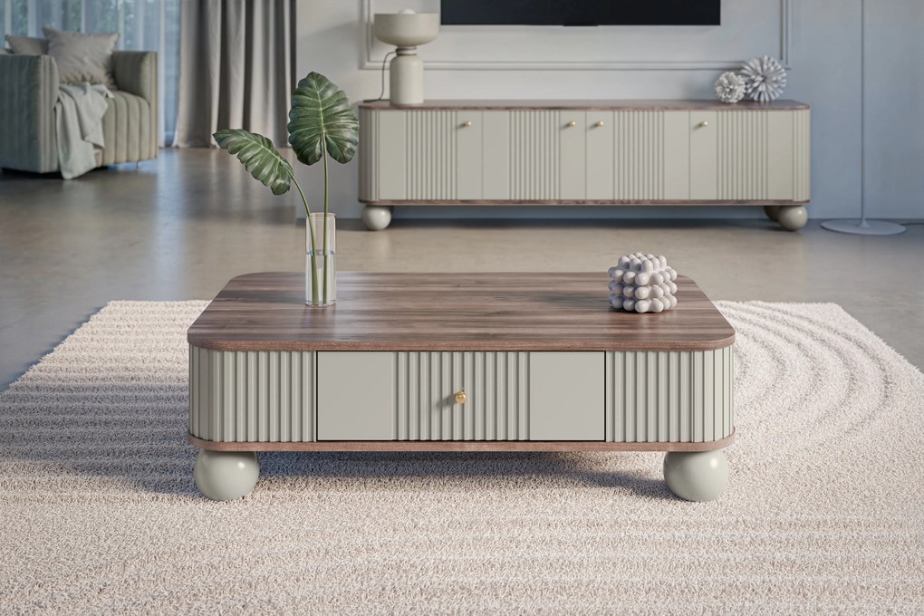 Vesper dohányzóasztal 103x60 cm fiókkal - kasmír / dió / arany fogantyú / gömb lábak