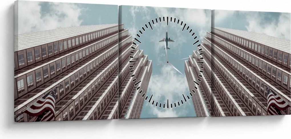 Repülőgép az épületek között képe (órával) (90x30 cm)
