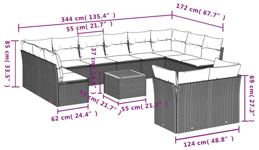 13 részes bézs polyrattan kerti ülőgarnitúra párnákkal