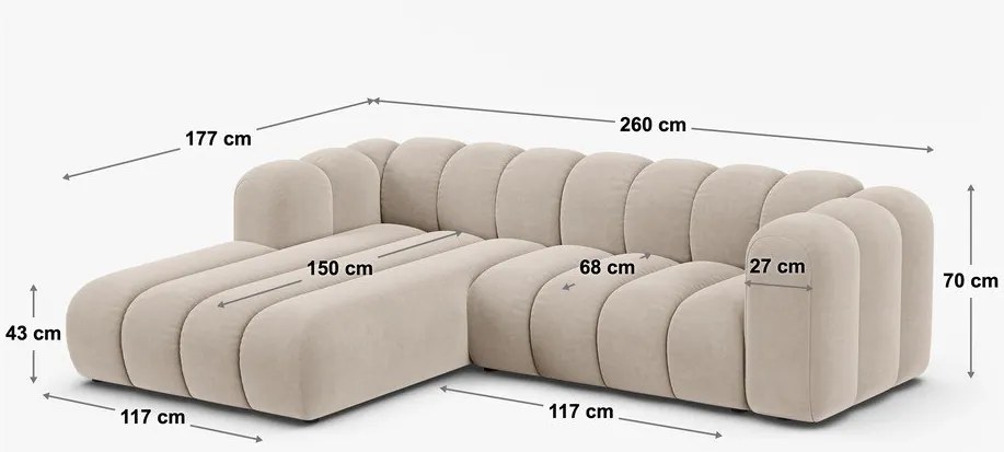 Bézs zsenília sarokkanapé (bal oldali-heverő résszel) Lupine – Micadoni