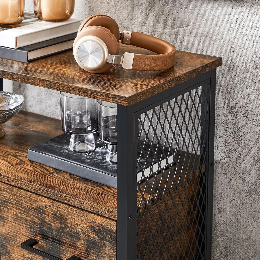 Tárolószekrény, komód fiókkal és állítható polccal – rusztikus barna–fekete színben