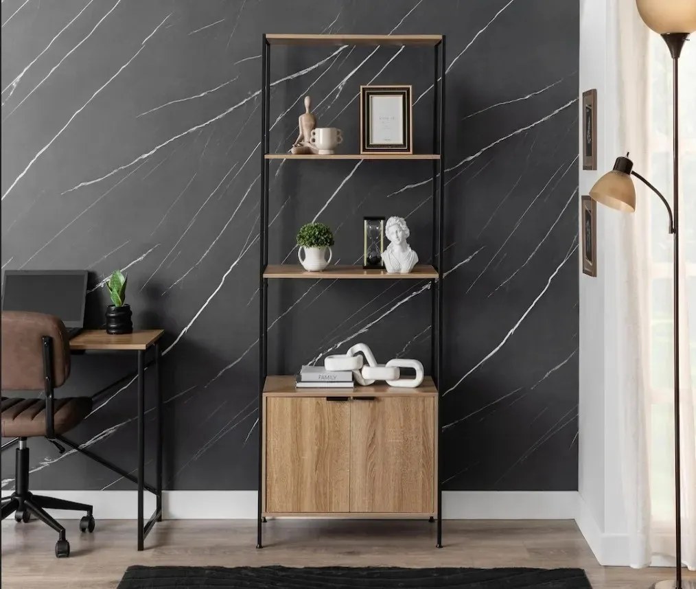 KÉSZLETKISÖPRÉS! Intenso Home 5 szintes könyvespolc ajtóval 68 x 176cm (Aranytölgy) | Univerzális tároló állvány fém lábakkal