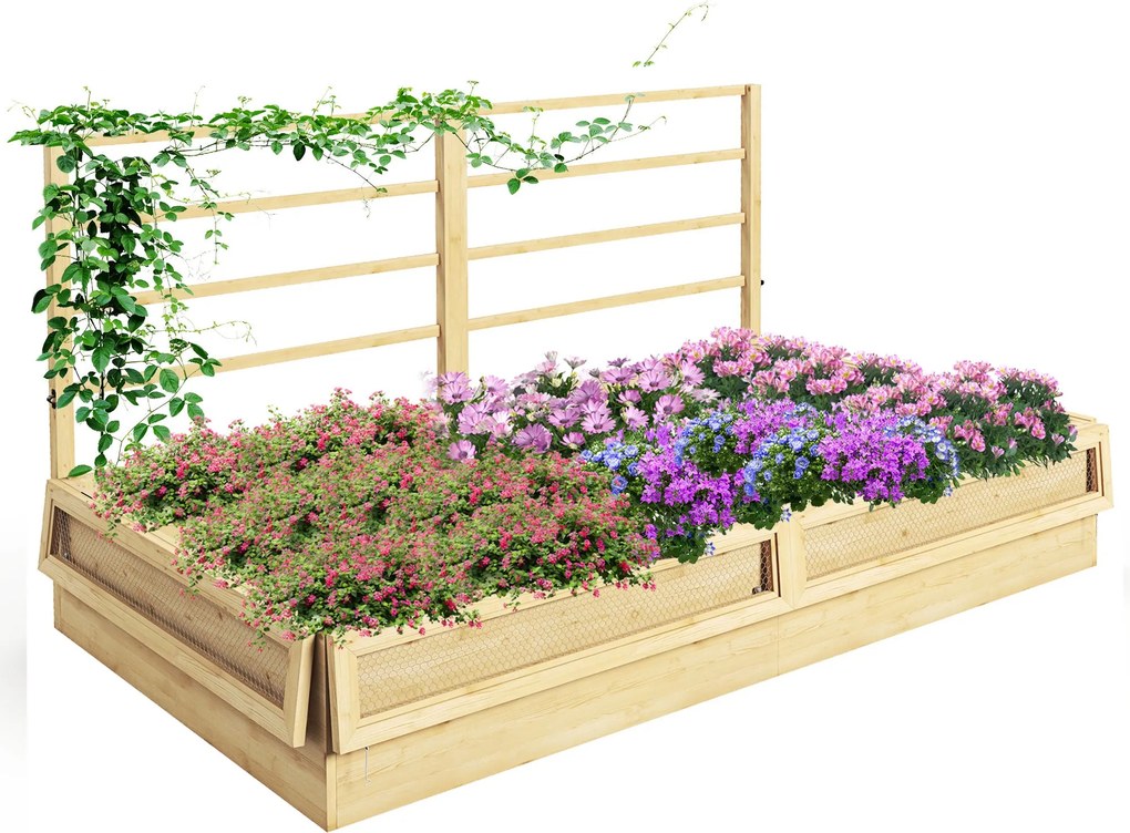 Outsunny Felemelkedett Kertiföldi Növényágy Trellis-zel, Füveságy, Fából készült Növénydoboz, Virágtartó Kerthez, Erkélyhez, Természetes Fa, 183 x 98,