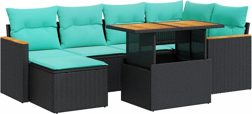 vidaXL 7 részes fekete polyrattan kerti ülőgarnitúra párnával