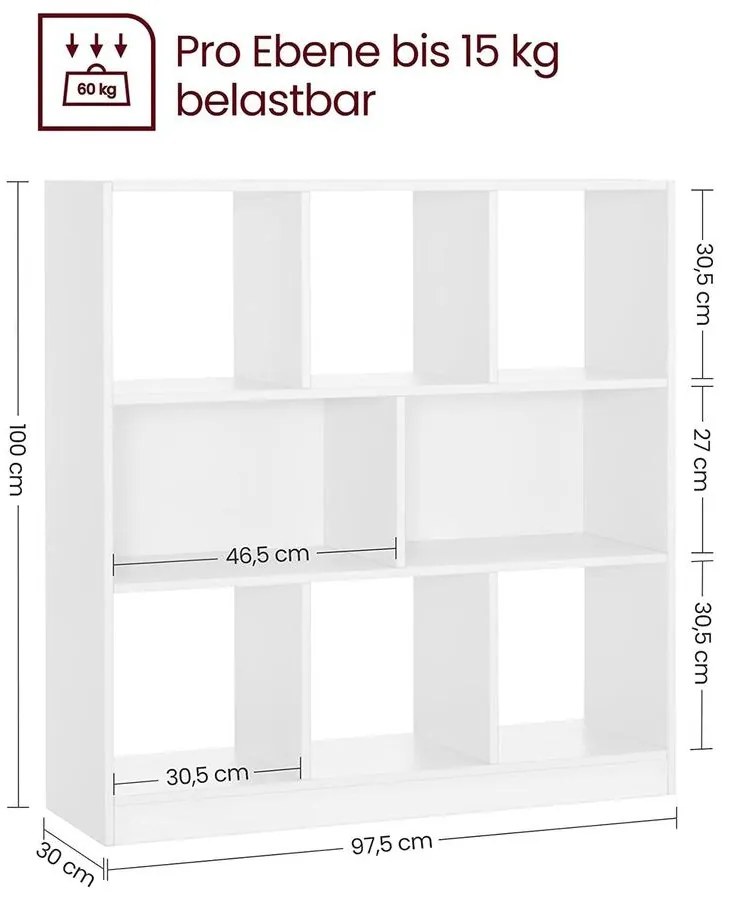 Könyvespolc, térelválasztó polc, 97,5 x 100 x 30 cm, fehér