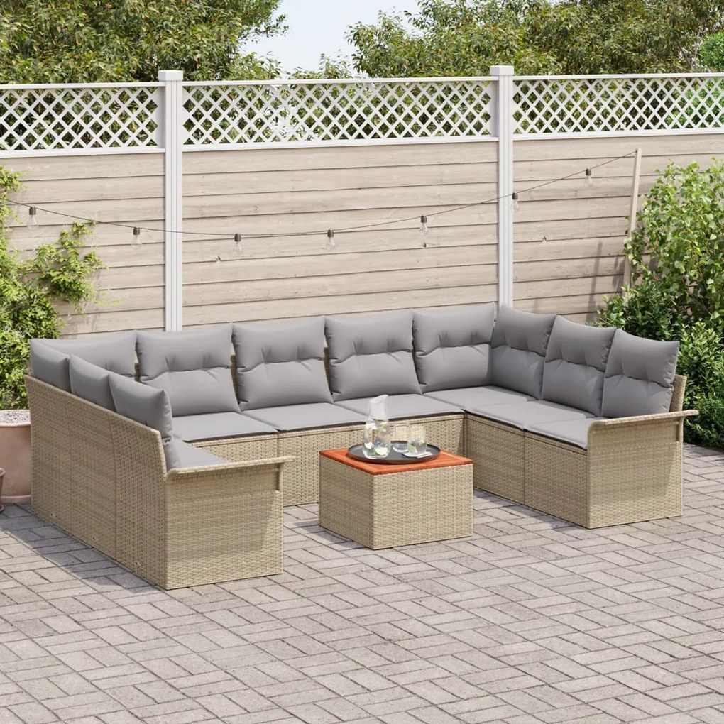 10 Részes Kert Sofa Szett Párnákkal Bézs Poli Rattan Akác