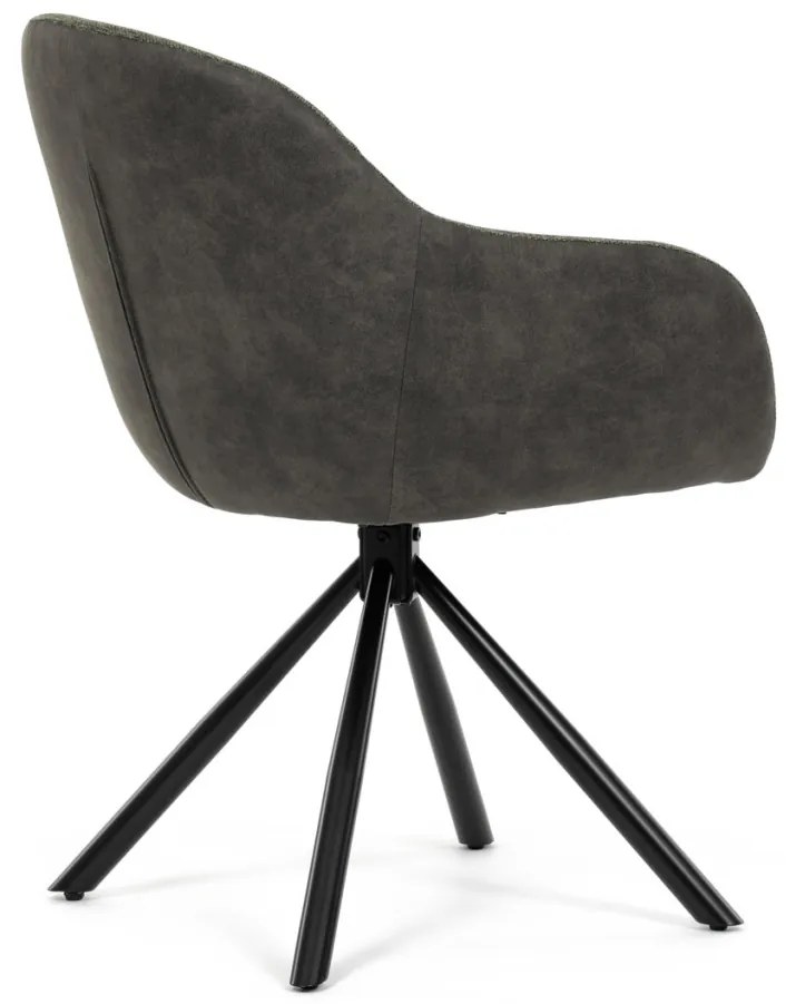 Scaun de sufragerie pivotant, țesătură verde și țesătură gri închis, cu decor vintage din piele, metal negru, rotativ P90°+ L90° cu mecanism de retragere