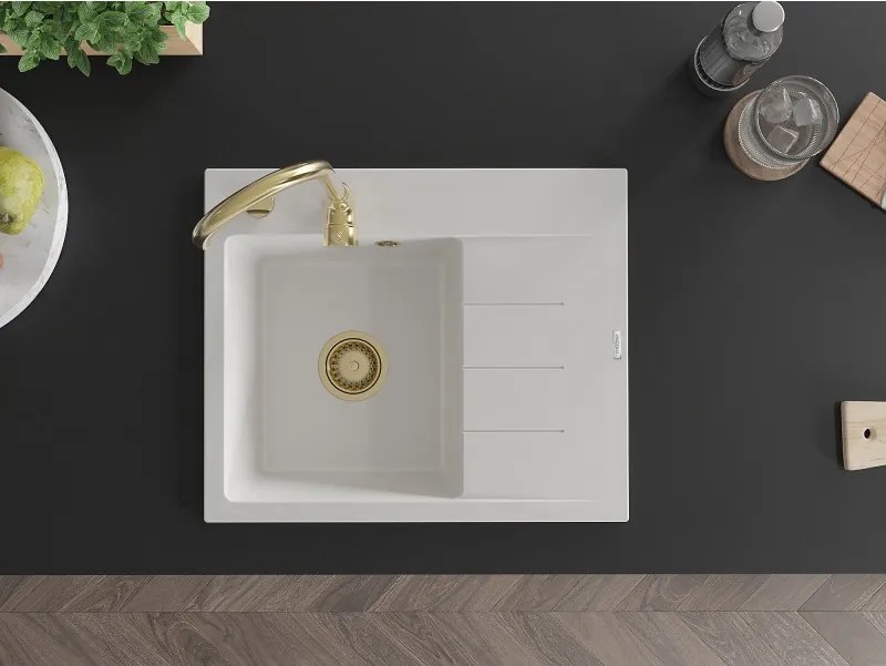Mexen Ben gránit mosogató 1-medencés csepegtetővel, balos 600 x 500 mm, fehér, arany szifon - 6522605000-20-G