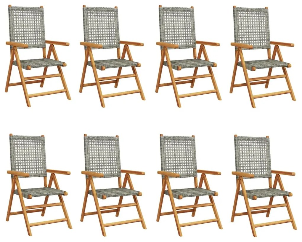 8 db szürke polyrattan és tömör fa dönthető kerti szék