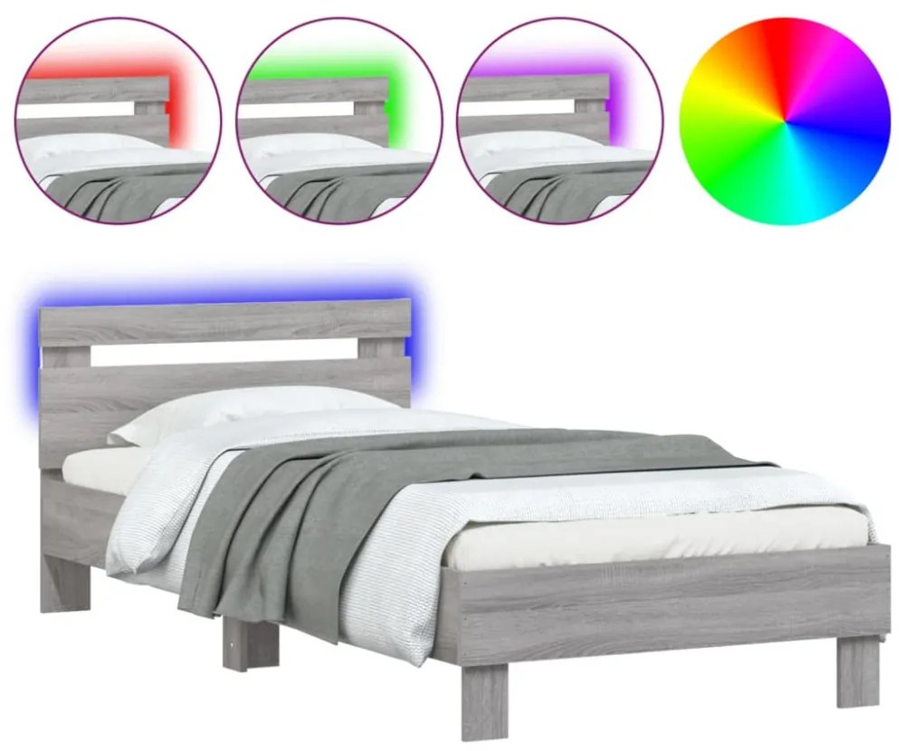 szürke sonoma színű ágykeret fejtámlával és LED-ekkel 90x200 cm