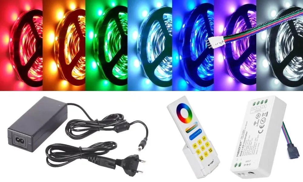 10m hosszú 63 Wattos, 1 zónás FUT088 RF távirányítós, 24V adapteres RGB LED szalag (300db P5050 SMD LED)