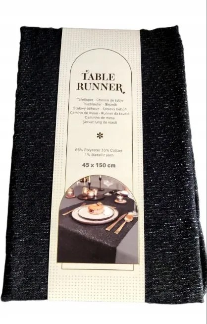 Karácsonyi Futópad Fekete Ezüstszállal 45x150 cm Asztaldekoráció