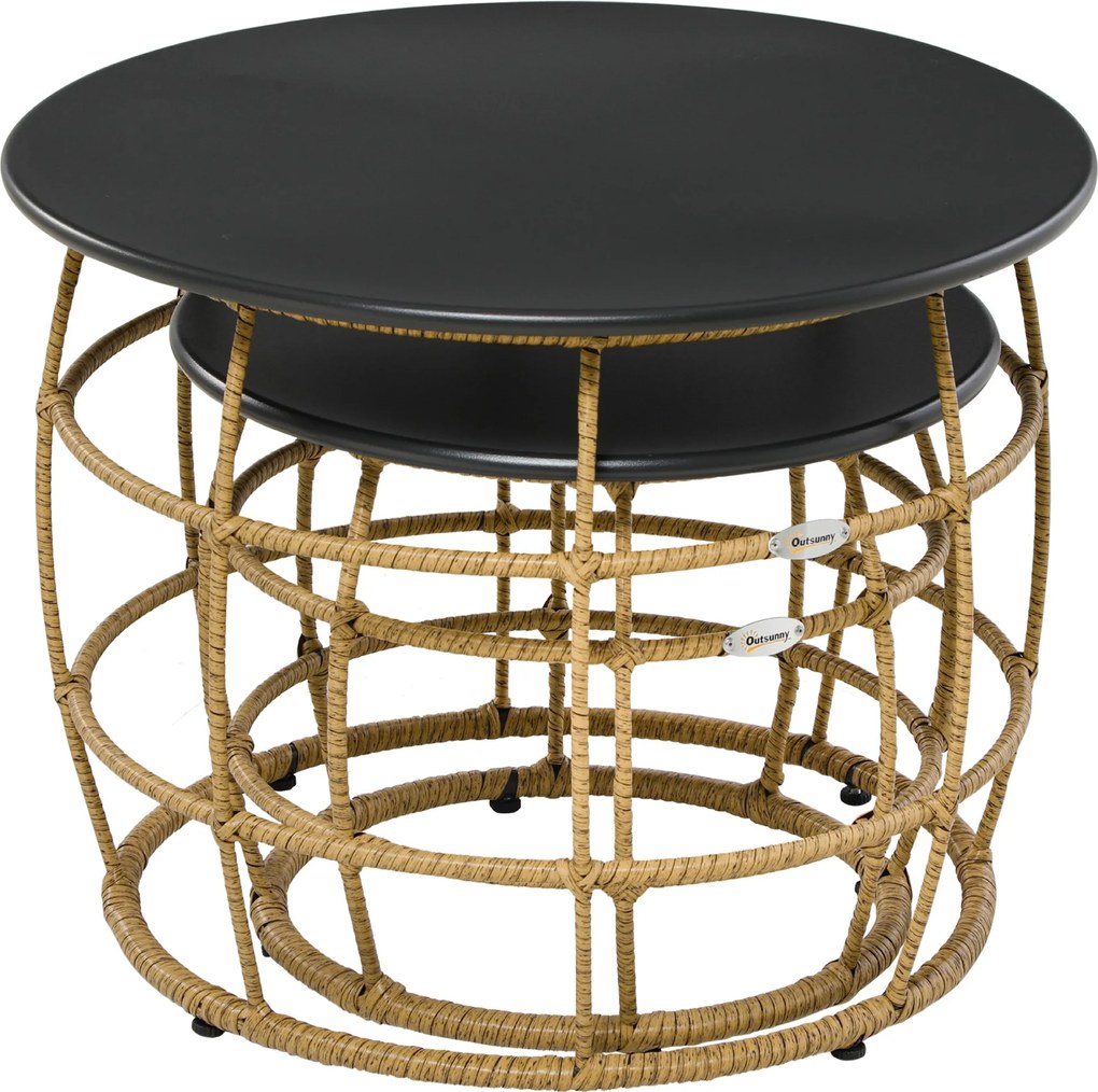 Outsunny 2 darabos oldalsó asztal szett, rattan kávézóasztal, fém felső kialakítás, kézzel szőtt kanapéasztal kerthez, erkélyhez, Ø46+Ø60 cm, Homok |