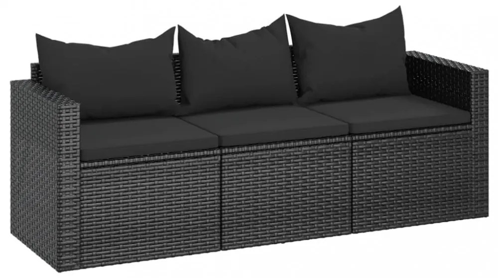 fekete 3 személyes polyrattan kerti kanapé párnákkal